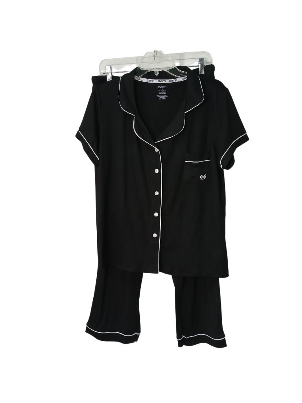 Born Womens Sz L Black Pajama Set White Piping Button Top Elastic Waist Pants O7